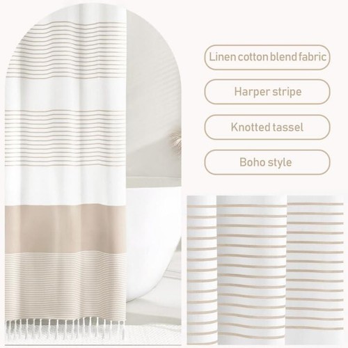 Trendy Boho Stripe Shower Curtain with Tassels - 72x96 - Easy Care Design - Picture 4 of 10
