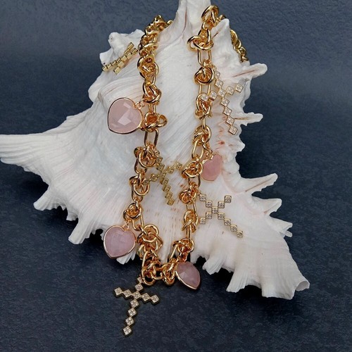 Natural Pink Rose Quartz Cz Pave Cross Charm Pendant Necklace Gold Plated Chain - Picture 6 of 6