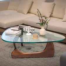 Classic Walnut Coffee Table Solid Wood Base 19mm Triangle Tempered Glass Top US