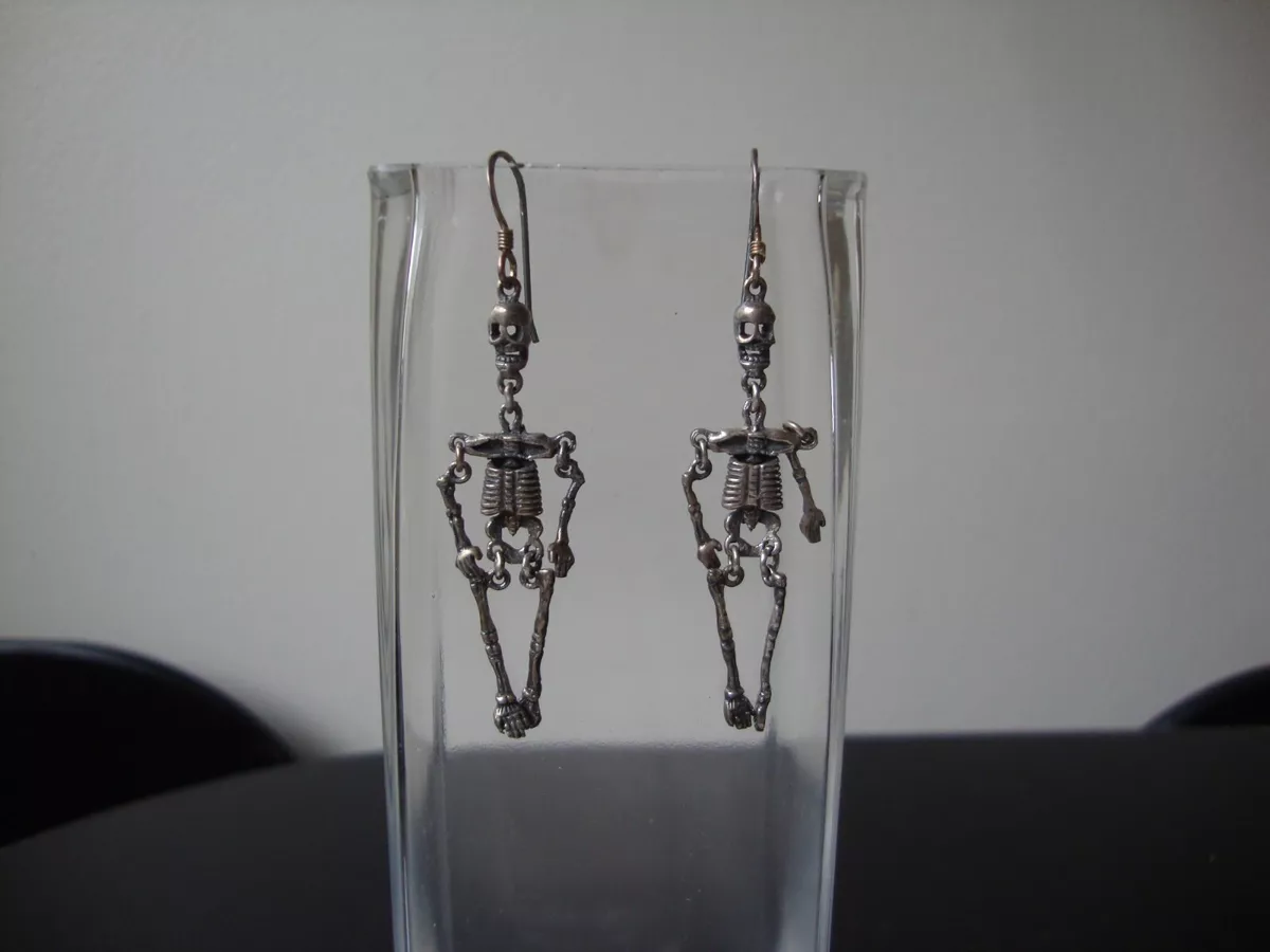 VINTAGE 'MR BONES' ARTICULATING SKULL ARMS & LEGS SILVER 925 DROP HOOK EARRINGS