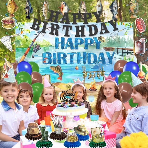 Roetyce Gone Fishing Birthday Decorations 34PCS Fishing Birthday Banner Ballo... - Picture 4 of 7