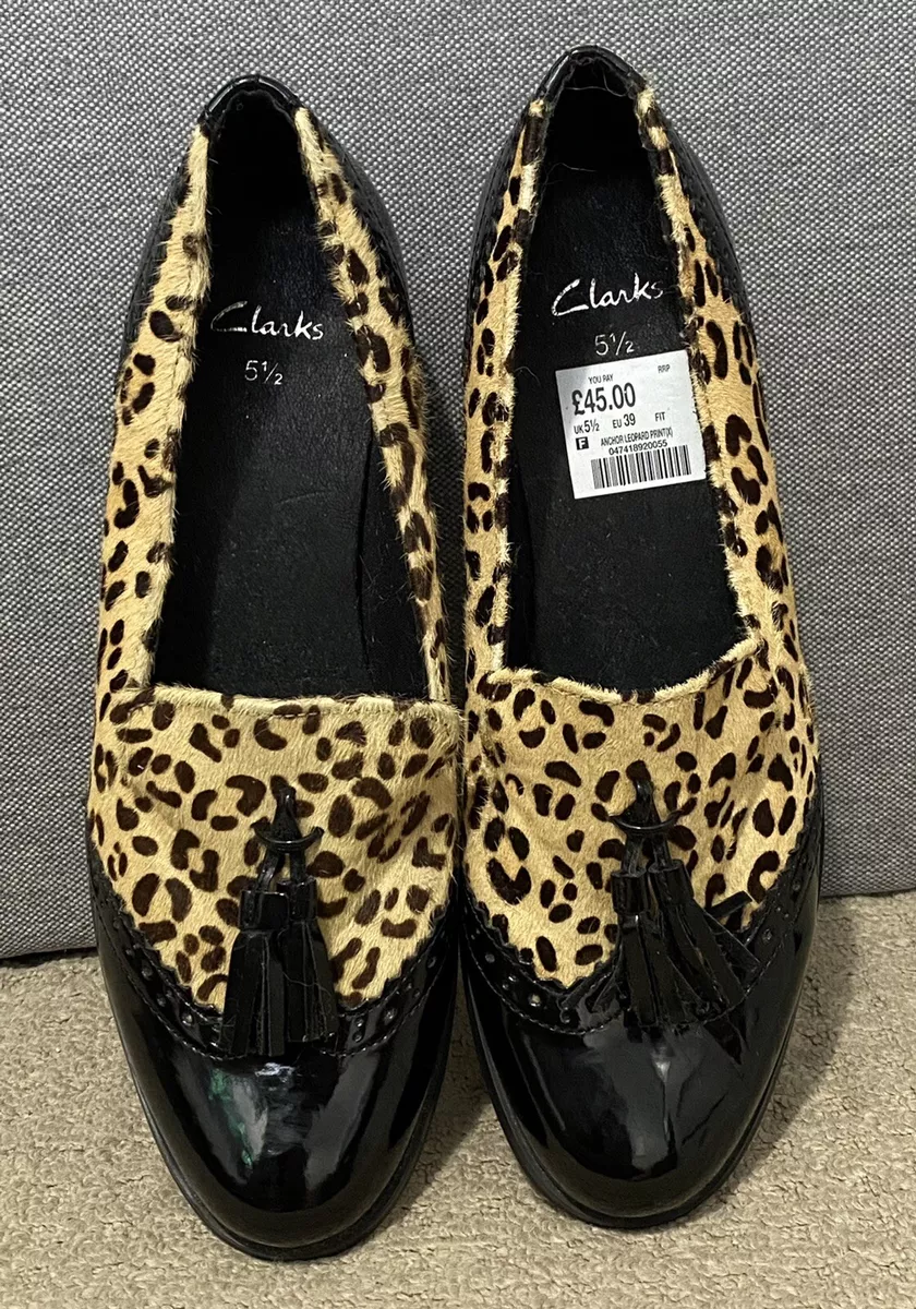 Clarks Womens Leopard Print Patent Leather Brogues Brand New Size