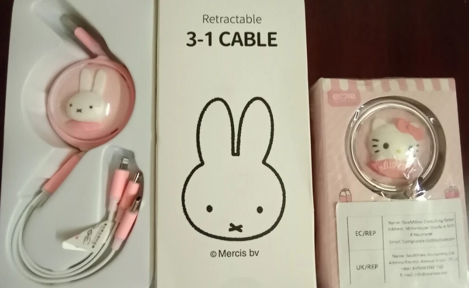 3 In 1 Charging Cable 5 pieces Gift Set 2 Rabbit, 1 Hello Kitty, 1 Gold, 1 Pink - Image 2 of 4