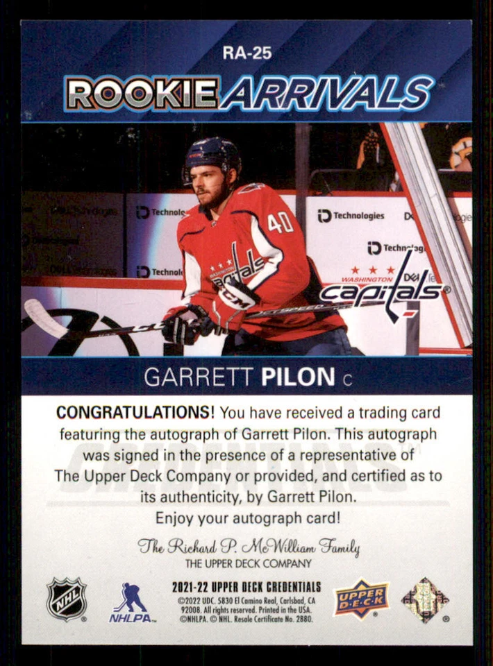 2021-22 Upper Deck Credentials Rookie Arrivals AUTO #RA25 Garrett Pilon E - Image 2 of 2