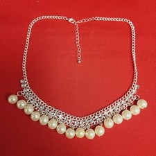 Silver Tone Faux Pearls Rhinestone Choker Bib Necklace