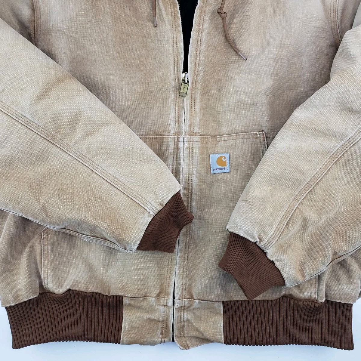 Vintage Carhartt J140 BRN Active Jacket Duck Hooded Lined Work 