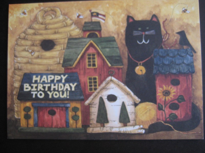 UNSIGNED vintage greeting card By Diane Knott BIRTHDAY Cat w Birdhouses &BeeHive
