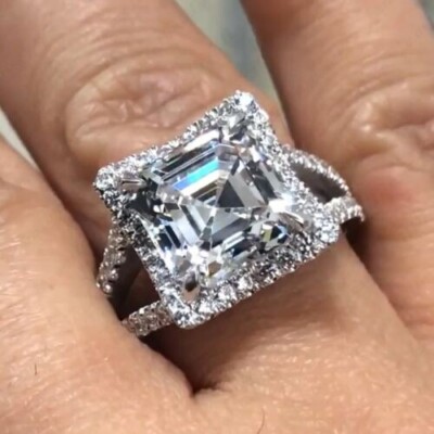 3,8 kt Asscher Moissanit geteilter Schaft Halo Verlobungsring 14 K Weißgold plattiert