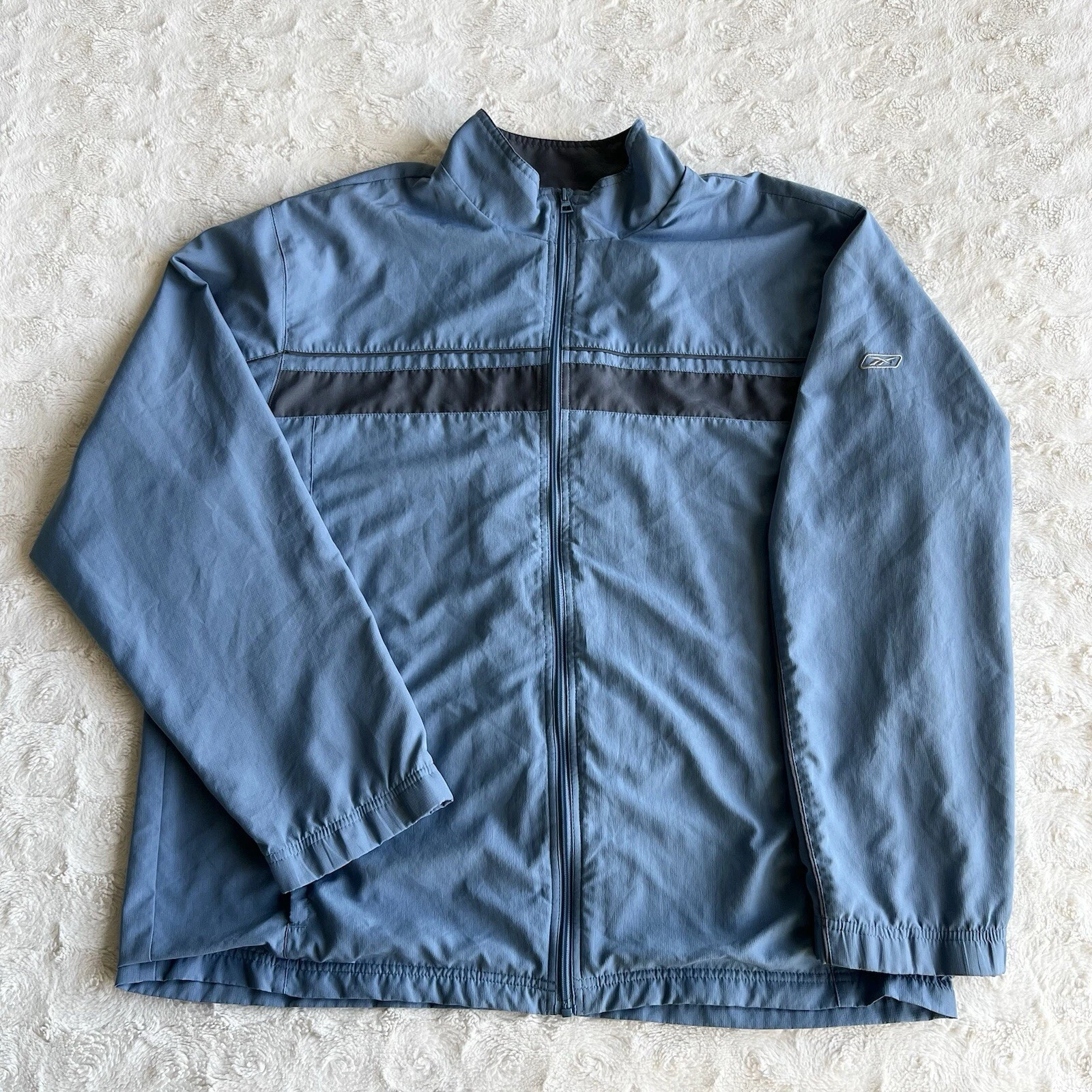 Vintage Reebok Track Jacket Mens XL Blue Gray Track Windbreaker Full Zip Striped