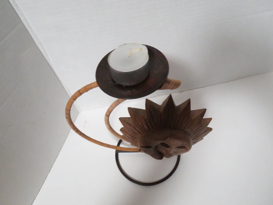 Portavelas de metal de madera Sun Moon Tea Light 10"T W/New Tea Light Candle Foto 3 de 4