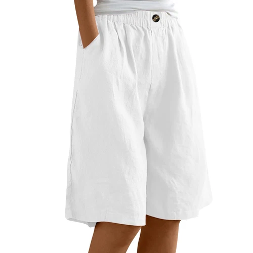 Pantalones cortos para mujer color liso bolsillo abotonado capris cintura elástica sueltos - Imagen 47 de 66