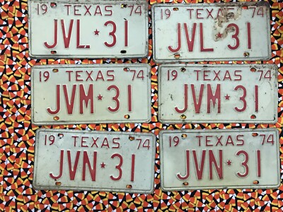 1974  TEXAS  PASSENGER  LICENSE PLATES  LOT OF 6 PLATES JVL31 JVM31 JVN31