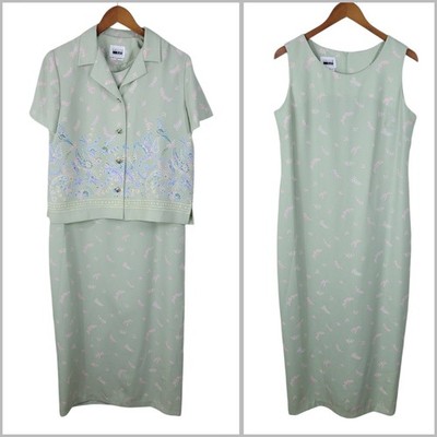 Vintage 90s Dress Jacket Set size 14 Petite top Long Green pink spring Easter
