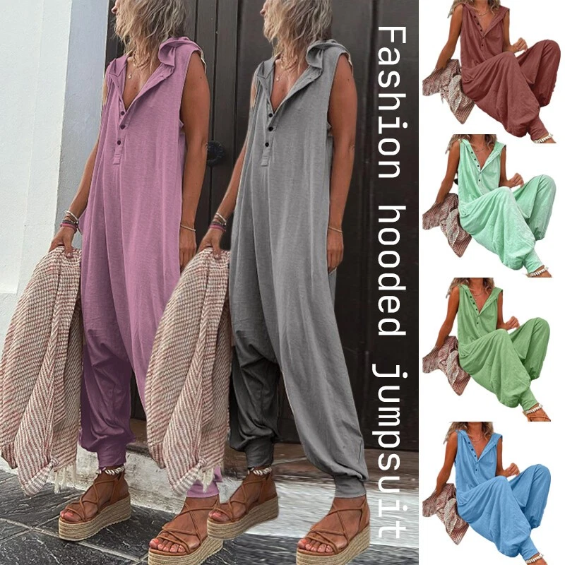Mujeres Sin Mangas Con Capucha Mameluco Botón Sólido Mono Suelto Pantalones Foto 3 de 4