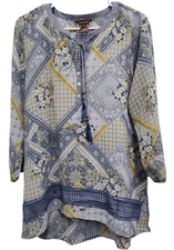 Multiples Tunic Top Womens Medium Blue Floral Crochet BOHO Peasant 3/4 Sleeve