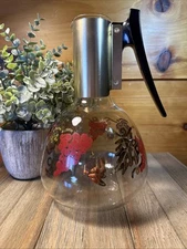 Vintage MCM Colony Tall Glass Coffee Carafe Gold & Red Orange Grape Vine Pattern