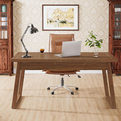 Home Office Executive Desk: 55 Inches Wooden Computer Desk with Drawer, Mid-Cent