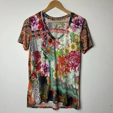 Johnny Was Nellie Top Shirt Floral Patchwork V-Neck Bamboo Colorful Boho Artsy S