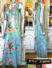 Betsey Johnson Slip Dress Vintage 90s Long Maxi Sheer Blue Cabbage Rose Floral M