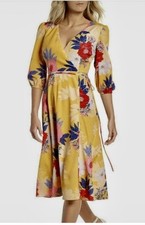 ELIZA JAY Yellow Floral Faux Wrap MIDI Dress.  Size 6. Mint Cond .  Cottage Cute