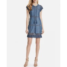 Alice + Olivia womens 12 blue Tona Crocheted Patchwork Chambray mini Dress boho