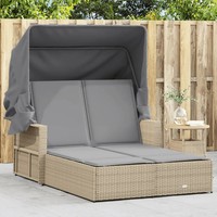 Doppel-Sonnenliege Poly Rattan Beige Mit Dach Und Auflagen Garten