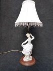 VINTAGE PORCELAIN GIRL FIGURINE LAMP WOOD BASE WITH SHADE TABLE LAMP
