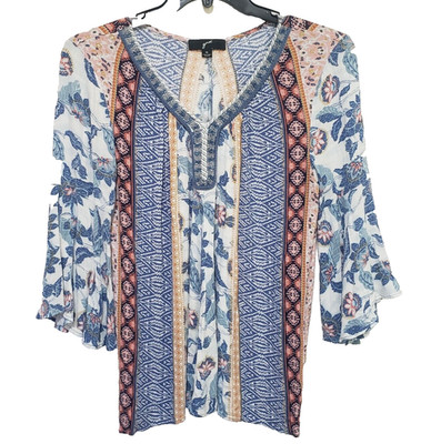 GNW Patchwork Bell Sleeve Top Womens XL Boho Cottagecore Festival Flowy Blouse