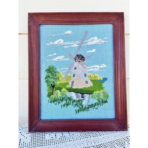 1970’s Vintage Crewel Dutch Windmill Embroidery Set of Two
