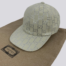 Gucci GG Monogram Logo Pattern Silver Lamé Canvas Baseball Cap Hat White Size M