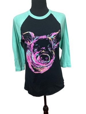 Woman's Crazy Train Top SZ Sm 3/4 Sleeve Psychedelic Pig Portrait