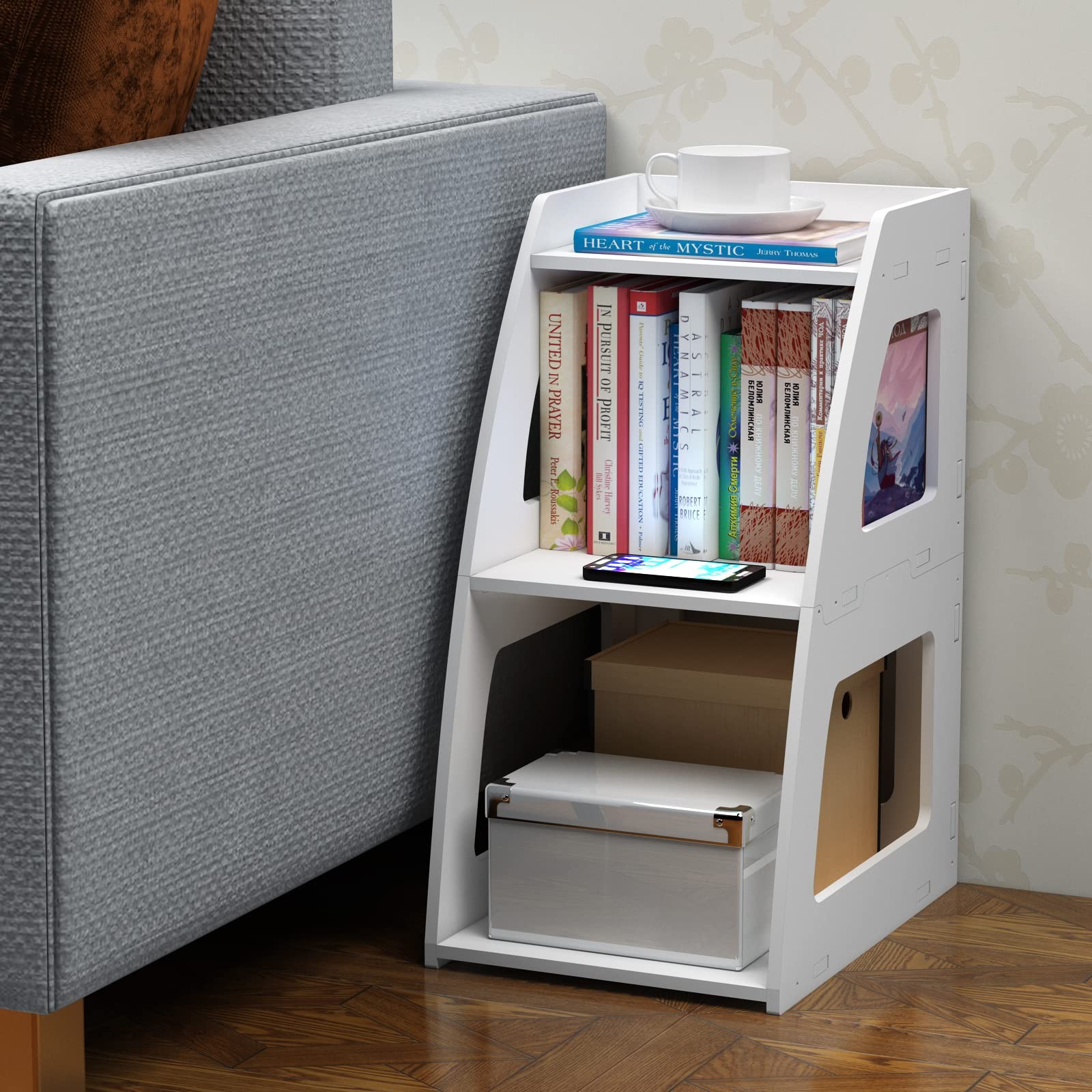 Small Bookshelf for Small Spaces, 3-Tier White Bookcase & Bedside Table ...