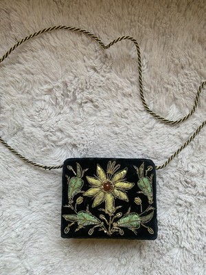 Vintage 80er Jahre Samt bestickt formelle Handtasche klein schwarz gold Perlen Blumen