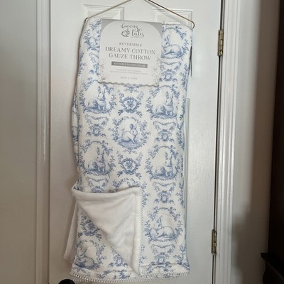 Delphine Coquette Bow Blue Toile Easter Bunny Reversible Fur Gauze Blanket, New