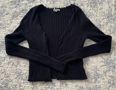 American Eagle Women's L Black V Neck Ribbed  Knit Open Cardigan w/ruffle Trim 