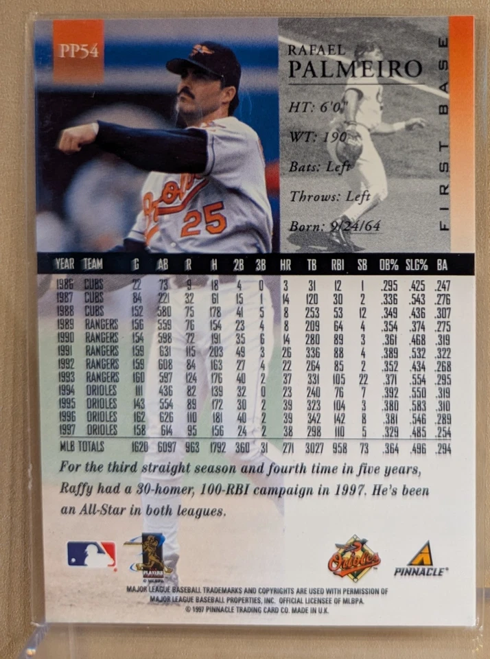 1998 Pinnacle GOLD ARTIST PROOF #54 Rafael Palmeiro Orioles RARE MUSEUM PARALLEL - Image 2 of 2