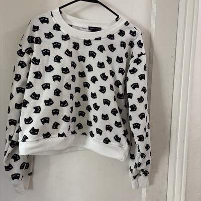 Better Together Women s Pullover White With Black Cat Pattern Size L