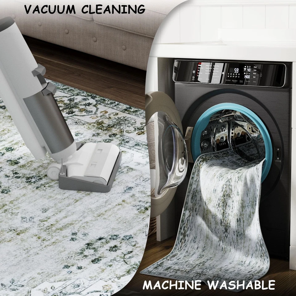 Alfombra de salón verde 8x10, lavable vintage suave sin desprendimiento pila baja C... Foto 4 de 4