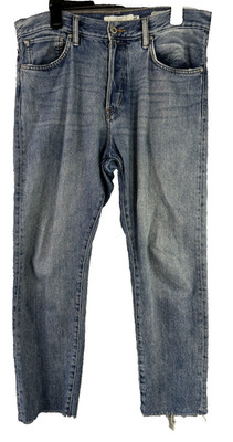 LOGG By H&M Mens 33 x 32 (36x28) Denim Blue Jeans Button Fly Raw Hem Tapered Fit