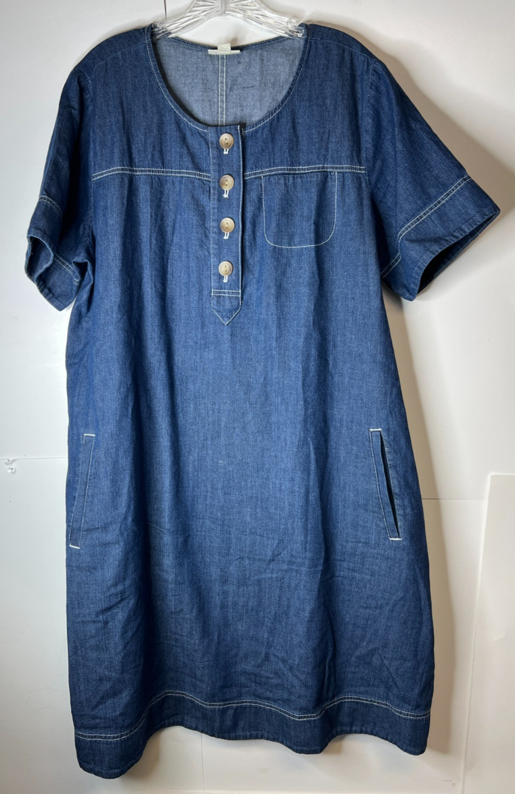 J. JILL Denim Women's Large Celtic Sea Blue Denim Dress Pockets Short Sleeve