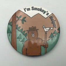 SMOKEY THE BEAR Pinback Prevent Forest Fires I'M SMOKEY'S HELPER Button Badge 3"