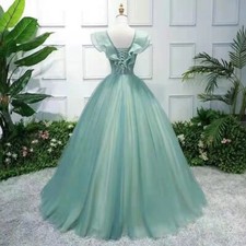 Charming 3D Lace Flowers Prom Dresses Ruffles V Neck Formal Evening Party Gown
