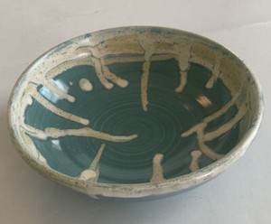 Studio Art ~ Wheel Thrown ~ 7" Bowl ~ Aqua Blue White Creamy Drip Glazed ~Signed