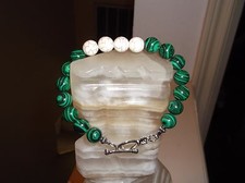 MEN'S HANDMADE 9" 10 MM GREEN MALACHITE/ WHITE TURQUOISE BEAD CAP BRACELET