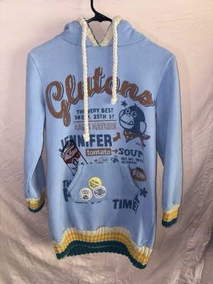 Gluttons Light Blue Pullover Hoodie Women Graphic Monkey Kangaroo Pocket