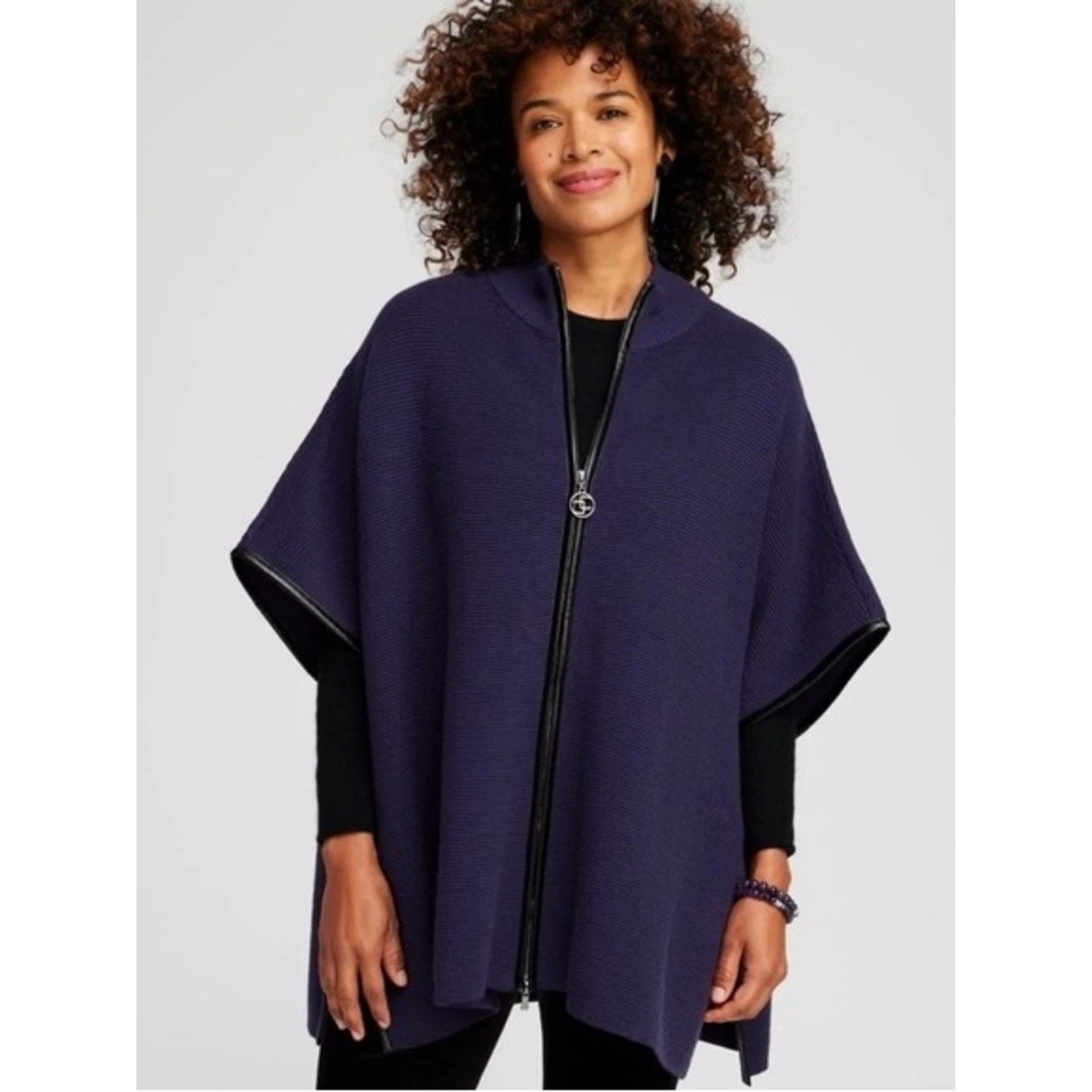 NWT Chico’s Zip Front Trimmed Ruana Covering Purple Ribbed Poncho Cape L/XL
Opens in a new window or