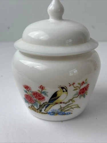 AVON Ginger Jar with Lid Milk Glass Bird Flowers Storage 6" Tall Vintage EUC