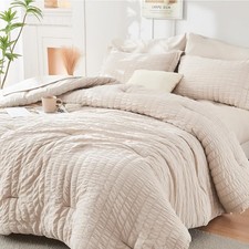 Beige King Size Comforter Set Seersucker 7 Pieces All Season Luxury Bed in a Bag