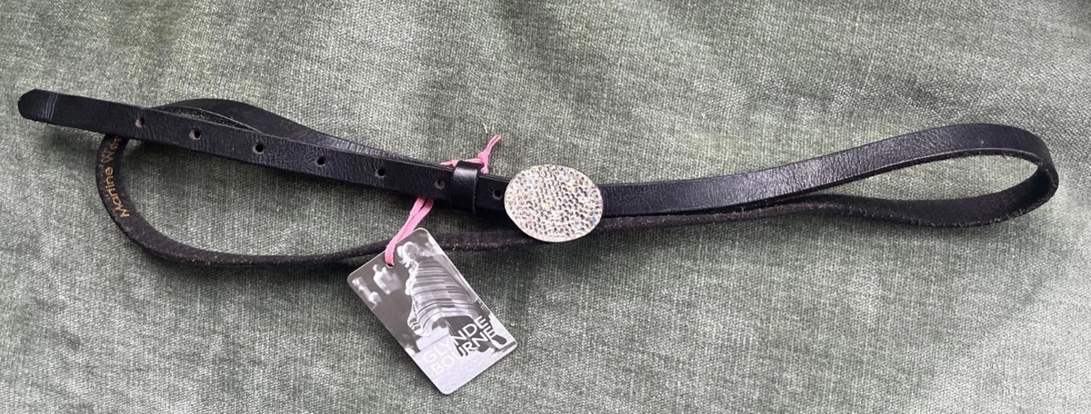 Martine Wester Belt Medium 38 Black Jeweled Rhinestone Leather Solid Vintage Martine Wester Black Leather Belt, Oval Navajo Style  main image 2