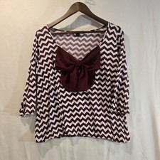 Living Doll 2X Burgundy White Chevron 3/4 Sleeve Bow Front Top Made in USA